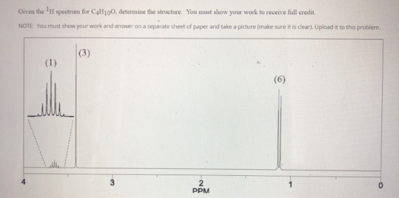 Given the H spectrum for C4H100, determine the structure. You must show your work to receive full credit. NOTE: You must sho