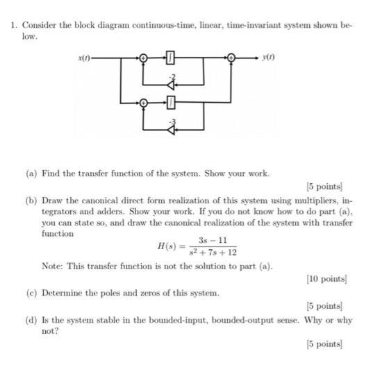 1. Consider the block diagram continuous-time, linear, time-invariant system shown be- low. A Ali (a) Find the transfer funct