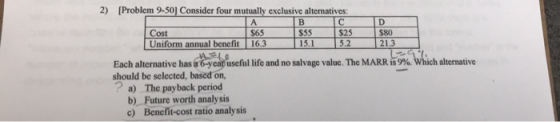 2) [Problem 9-50) Consider four mutually exclusive alternatives: A B C D Cost $65 $55 $25 $80 Uniform annual benefit 16.3 15.