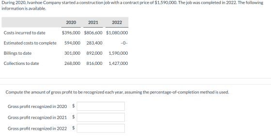 During 2020, Ivanhoe Company started a construction job with a contract price of $1,590,000. The job was completed in 2022. T