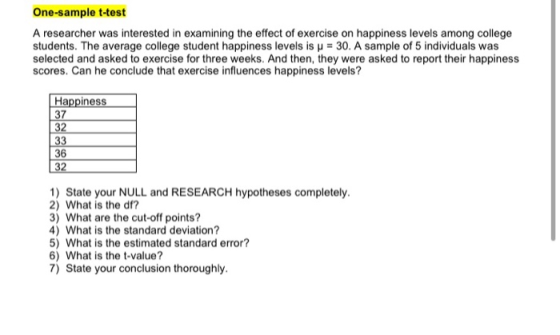 One-sample t-test A researcher was interested in examining the effect of exercise on happiness levels among college students.