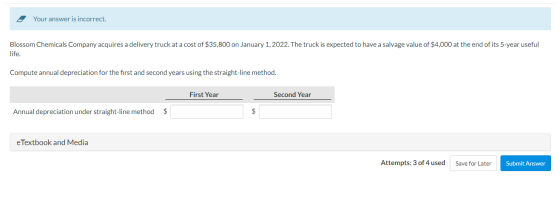 Your answer is incorrect. Blossom Chemicals Company acquires a delivery truck at a cost of $35,800 on January 1, 2022. The tr