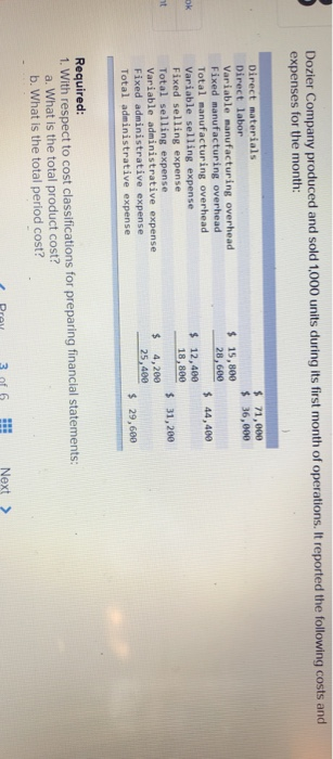 Dozier Company produced and sold 1000 units during ts first month of operations, it reported the following costs and expenses for the month: Direct materials Direct labor Variable manufacturing overhead Fixed manufacturing overhead Total manufacturing overhead Variable selling expense Fixed selling expense Total selling expense Variable administrative expense Fixed administrative expense Total administrative expense 71,000 36,000 44,400 - % 31,200 2 29,600 % 15,800 28,600 12,400 18,800 s 4,200 25,400 Required: 1. With respect to cost classifications for preparing financlal statements: a. What is the total product cost? b. What is the total period cost? 3 of 6 Next>