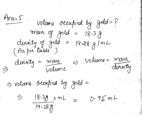 20=? - 19:28 g 1 mL (As per table Ansos a volume occupied by gold = ? mass of gold = 18.3 g density of gold = 19:28 g/mL . de