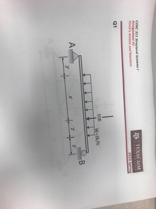 COSC 321 Structural Systems / Assignment #1 Forces Actions and Reactions AM TEXAS A&M UNIVERSITY 2020 Spring Q1 10K W=2k/ft