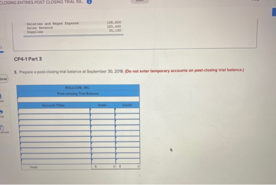 JOV CLOSING ENTRIES POST CLOSING TRIAL BA... i Salaries and Wages Expense Sales Revenue Supplies 128,600 325,400 35, 100 3 CP