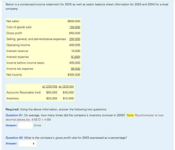 Below is a condensed income statement for 20X5 as well as select balance sheet information for 20X5 and 20X4 for a local comp