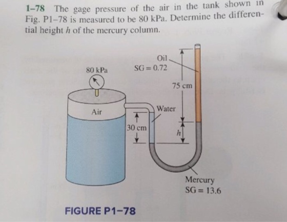 1-78 Th Fi e gage pressure of the air in the tank shown in g. Pl-78 is measured to be 80 kPa. Determine the differen- tial height h of the mercury column. Oil SG 0.72 80 kPa 75 cm Water Air 30 cm Mercury SG 13.6 FIGURE P1-78