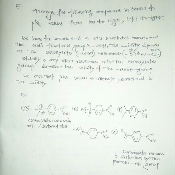 5. he following compound in terms of values from low to high, reft to right, We know for bemorc acid or othe substituted benz