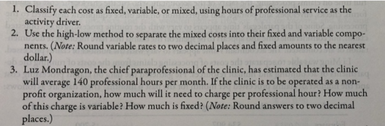 1. Classify each cost as fixed, variable, or mixed, using hours of professional service as the activity driver. 2. Use the hi