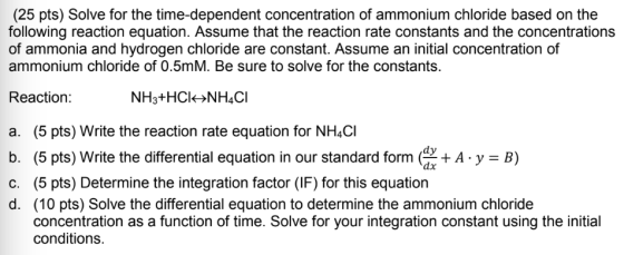 (25 pts) Solve for the time-dependent concentration of ammonium chloride based on the following reaction equation. Assume tha