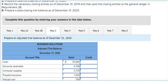 U: Preparera varallcersneecas vecember 9, 2020: 7. Record the necessary closing entries as of December 31, 2019 and then pos