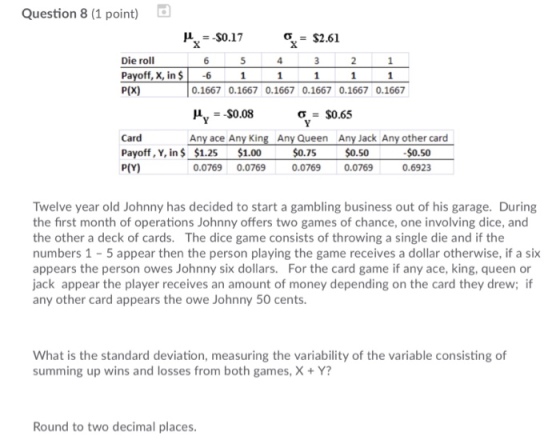 Question 8 (1 point) ?--$0.17 o- $2.61 Die roll Payoff, X, in P(x) 0.1667 0.1667 0.1667 0.1667 0.1667 0.1667 Hy$0.08 Card Payoff, Y, in $ P(Y) Any Queen $0.75 0.0769 Any Jack Any other card Any ace Any King $1.25 0.0769 0.0769 $0.50 0.6923 $1.00 $0.50 0.0769 Twelve year old Johnny has decided to start a gambling business out of his garage. During the first month of operations Johnny offers two games of chance, one involving dice, and the other a deck of cards. The dice game consists of throwing a single die and if the numbers 1-5 appear then the person playing the game receives a dollar otherwise, if a six appears the person owes Johnny six dollars. For the card game if any ace, king, queen or ack appear the player receives an amount of money depending on the card they drew; if any other card appears the owe Johnny 50 cents What is the standard deviation, measuring the variability of the variable consisting of summing up wins and losses from both games, X+Y? Round to two decimal places