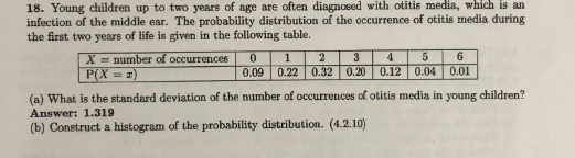 18. Young children up to two years of age are often diagnosed otitis media, an infection of the middle ear. The probability distribution of the occurrence of otitis media during the first two years of life is given in the following table. with which is X number of occurrences 0 1 2 34 5 6 0.09 0.22 0.32 0.20 0.12 0.04 0.01 (a) What is the standard deviation of the number of occurrences of otitis media in young children? Answer:1.319 (b) Construct a histogram of the probability distribution. (4.2.10)