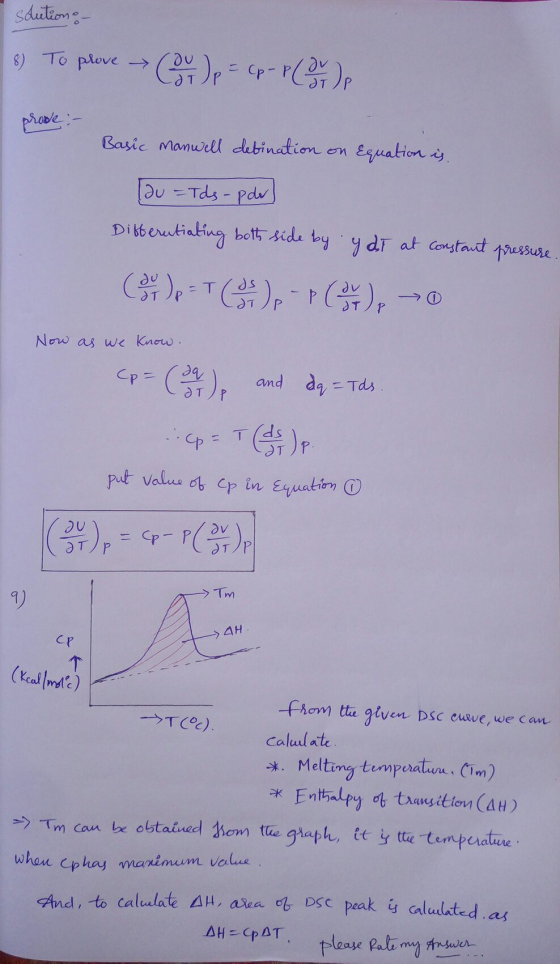 sautions - 8) To prove → (ov) p = Cp - P (ov) p prove :- Basic manwell debination on equation is. (du = Tds -p der Difterutia