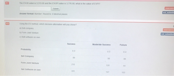 The Evill value is 3,313.00 and the EVUPI value is 3.776.00, what is the value of EVPI? unanswer not submit Answer format: Nu
