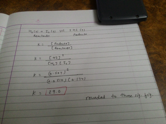 H₂ (9) + I₂ (9) Reactants 2HICAL Products - k= [ Producte] [ Reactante] k = [HI] ² CH, 1 [ 1,3 k= (0.507² (o.oslo) Co.174) k