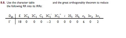 8.8. Use the character table and the great orthogonality theorem to reduce the following RR Into Its IRRs: 2S 2S 30, 3o, 18 0 0 0 -2 0 0 0 0 6 2