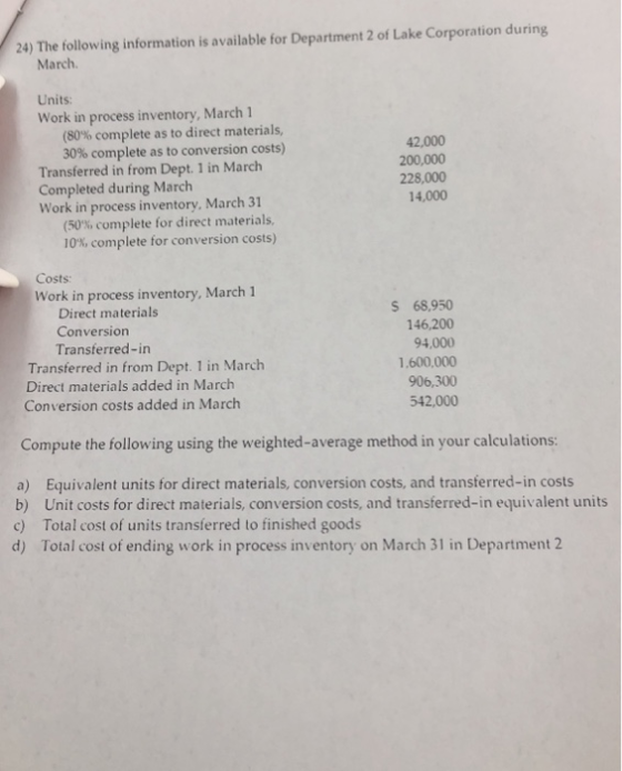 24) The following information is available for Department 2 of Lake Corporation during March Units Work in process inventory,