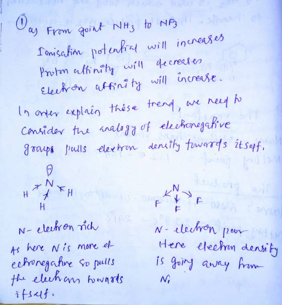 1 from goint NH₃ to NFZ brat ose Ionisation potential will increases Proton affinity will decreases Electron affinity will in
