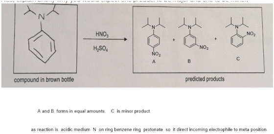 NO2 HNO3 NO2 H2SO4 NO2 predicted products compound in brown bottle A and B forms in equal amounts. C is minor product. as rea
