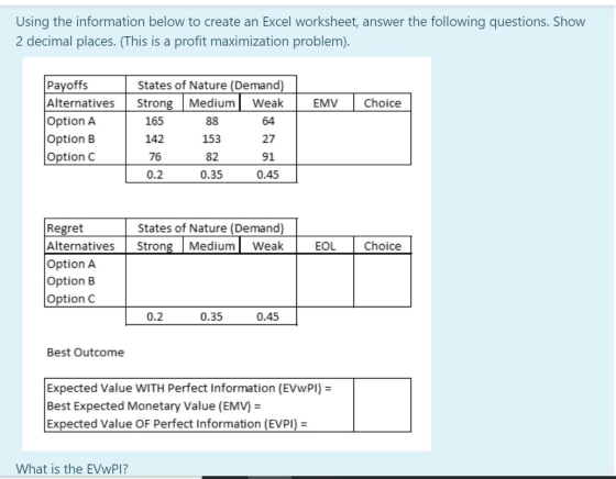 Using the information below to create an Excel worksheet, answer the following questions. Show 2 decimal places. (This is a p