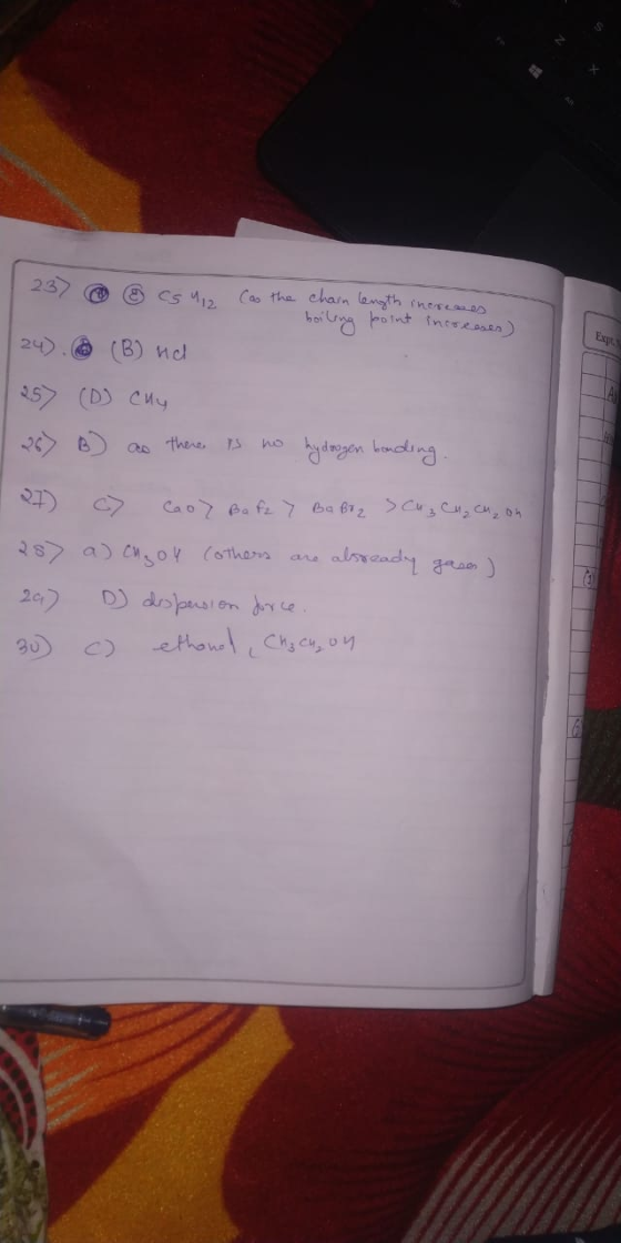 Exy 237 @ @cs 12 (as the chain length increases boiling point increases) |24). (B) na 25 (D) Cay | 267 B as there is no hydr