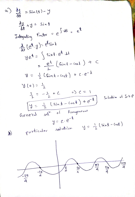 १) . = sin(t)-y 해 ty z Sint et factor se Integrating e fedt I let y)= eksint yet=ssint. et.dt 2 et (Sint-cost ) + c y = { [Si