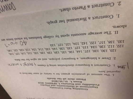 Grambling State University Department of Mathematies and Physics Probability and Statisties 1,SPLING 2019 Exam I, 01/23/2019 Please show all the details I. The amount of protein(in grams) for a variety of some fast food reported here. 1. Construct a frequency distribution using 6 cl a histogram, a frequency polygon, and an ogive for the data. 123, 130, 120, 127, 144, 126, 135, 120, 129, 129, 125, 115, 118, 127, 119, 122, 112, 126, 134, 115, 127, 135, 126, 143, 135, 114, 124, 112, 123, 131, 140, 135, 138, 157, 122, 142, 124, 121, 127, 133 A00 II. The average amounts spent by college freshmen for school items are shown. 1. Construct a Horizontal bar graph. 2. Construct a Pareto chart.