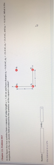 Chapter 22, Problem 007 In the fogue the four artises form a sauare of ege lernha 2 20 cm and have cdharoe -9,16 n, -21.4 nC,