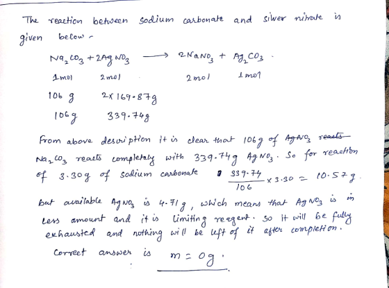 The reaction between sodium carbonate and siwer nitrate is given below. Na CO₂ + 2Ag Noz RNANO + Ag CO₂ - I mor 2 mol 2 mol I