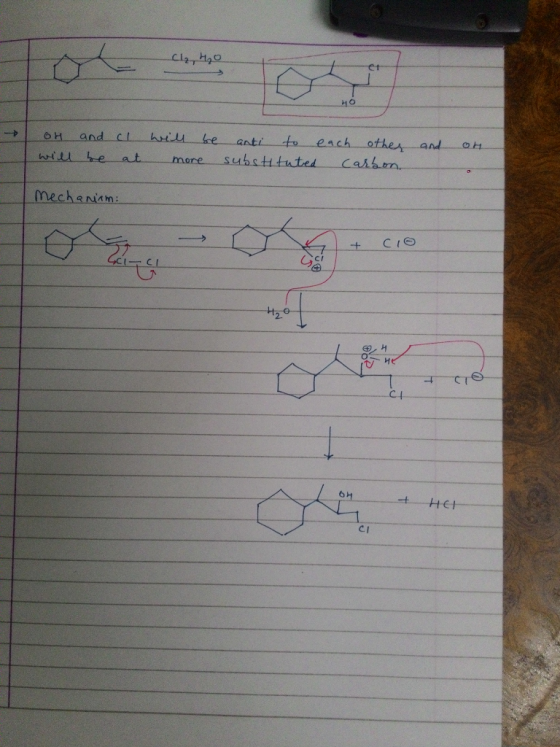 Cl₂, H₂O HO and on and will be cl at will be more anti to each other substituted carbon. on . Mechanism: He с не