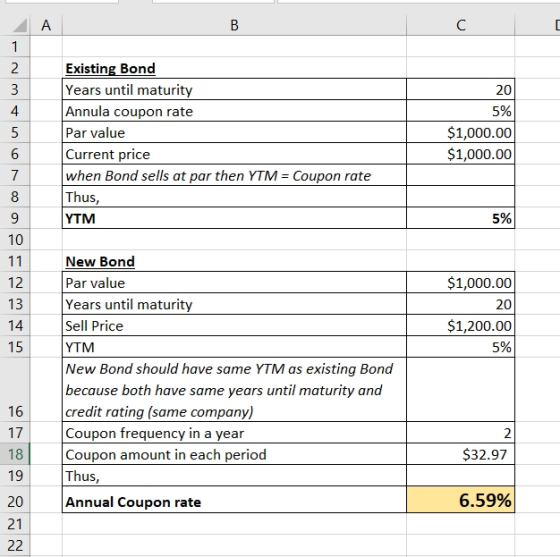 B 20 Existing Bond Years until maturity Annula coupon rate Par value Current price when Bond sells at par then YTM = Coupon r