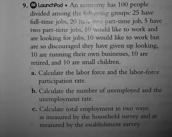 9. LounchPad. An economy has 100 people divided among the folteoving groups: 25 have full-time jobs, 20 hare one part-time job, 5 have two part-time jobs, 10 would like to work and are looking for jobs, 10 would like to work but are so discouraged they have given up looking, 10 are running their own businesses, 10 are retired, and 10 are small children. a. Calculate the labor force and the labor-force participation rate unemployment rate. as measured by the household survey and as b. Calculate the number of unemployed and the c. Calculate total employment in two ways: measured by the establishment survey.
