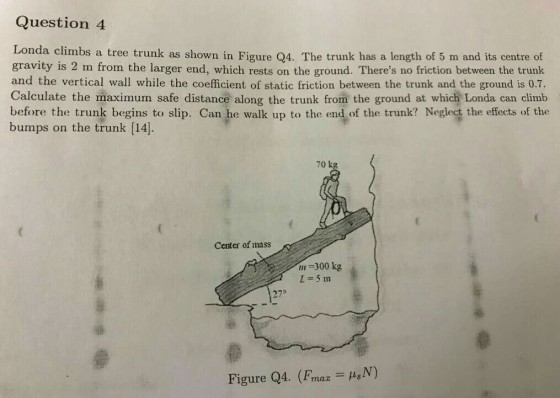 Question 4 Londa climbs a tree trunk as shown in gravity is 2 m from the larger end, which rests on the ground. Theres no friction between the trunk and the vertical wall while the coefficient of static friction between the trunk and the ground is 0.. Calculate the maximum safe distance along the trunk from the ground at which Londa can climb before the trunk begins to slip. Can he walk up to the end of the trunk? Neglect the effects of the bumps on the trunk [14]. Figure Q4. The trunk has a length of 5 m and its centre of 70 kg Center of mass -300 kg L=5m 27。 Figure Q4. (Fmas HsN)