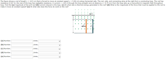 The figure shows a rod of length L = 14.5 cm that is forced to move at constant speed v = 5.06 m/s along horizontal rails. Th