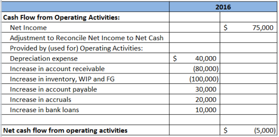 2016 $ 75,000 Cash Flow from Operating Activities: Net Income Adjustment to Reconcile Net Income to Net Cash Provided by (use