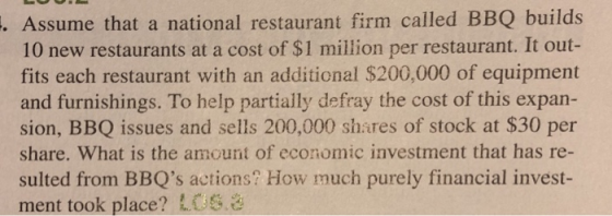 . Assume that a national restaurant firm called BBQ builds 10 new restaurants at a cost of $1 million per restaurant. It out- fits each restaurant with an additional $200,000 of equipment and furnishings. To help partially defray the cost of this expan sion, BBQ issues and sells 200,000 shares of stock at $30 per share. What is the amount of economic investment that has re- sulted from BBQs actions? How much purely financial invest- ment took place? LOs &