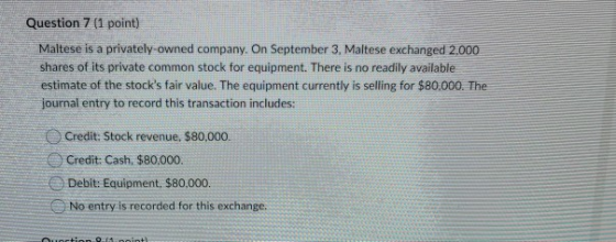 Question 7 (1 point) Maltese is a privately owned company. On September 3, Maltese exchanged 2.000 shares of its private comm