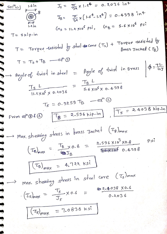 Soin=>] 1.6in K * Js = mx 1.24 0. 2036 ing В Jose aux (1.64_1.24) = 0.4398 int 11.2 X106 psi, GB = 5.68100 psi j.zin Gg = 11.