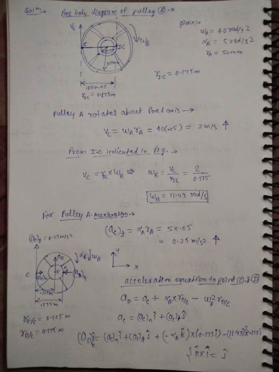 Solny fore body diagram of pulley ® -- Vc A givenu WA = 40 rad/s 2 XA = 5 radis 2 VA= 50mm с So Nic=0.175m 125+005 Fe = 0.175