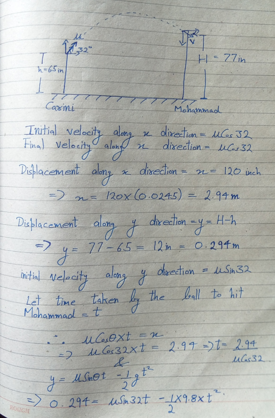 u [ 1320 Т. h = 65 in H = 77in Carini Mohammad x direction = ulos 32 direction ulos32 n Tnitial velocity along Final velocity