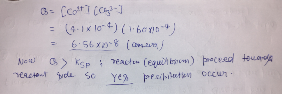 a= [cont] (C2- = (4.1x 10-4) (1.60810-9) = 6:56X10-8 (ameval Now ay ksp & reacton (equilibrim) reactant side so res precipite