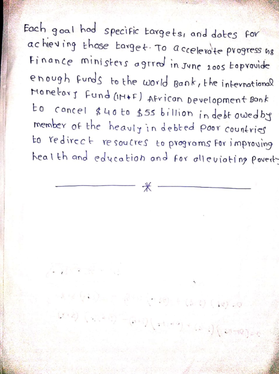 Each qoal hod specific targets, and dates For achieving those target. To a ccelevote pvogress ns Finance misg in Jvne 1oo5 bopvavide enough funds to the world Bank, the intevnat iena Mone rov了Fund(IH4F) AFv 1 Can Development Bonk to Concel 4o to $5s billion in debt owedbj member of the heavly in debted poer c to redirecb re souCres to pvogvoms For i mproving health and edycation and for alleuiotin9 pover 米