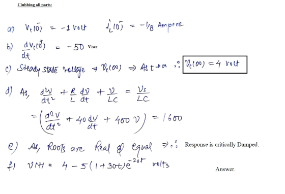 Clubbing all parts Vlsec d大 L C dt 2 dlt Response is critically Damped s Answer