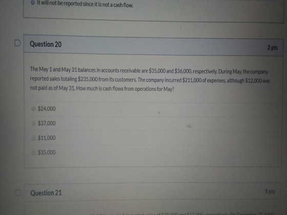 It will not be reported since it is not a cash flow. Question 20 2 pts The May 1 and May 31 balances in accounts receivable a
