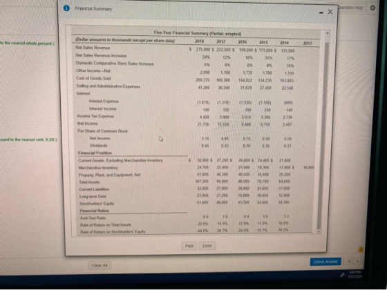 Financial Summary Puestion Help - X to the nearest whole percent) 2013 5610 Five Year Financial Summary (Partial adapted) (Do