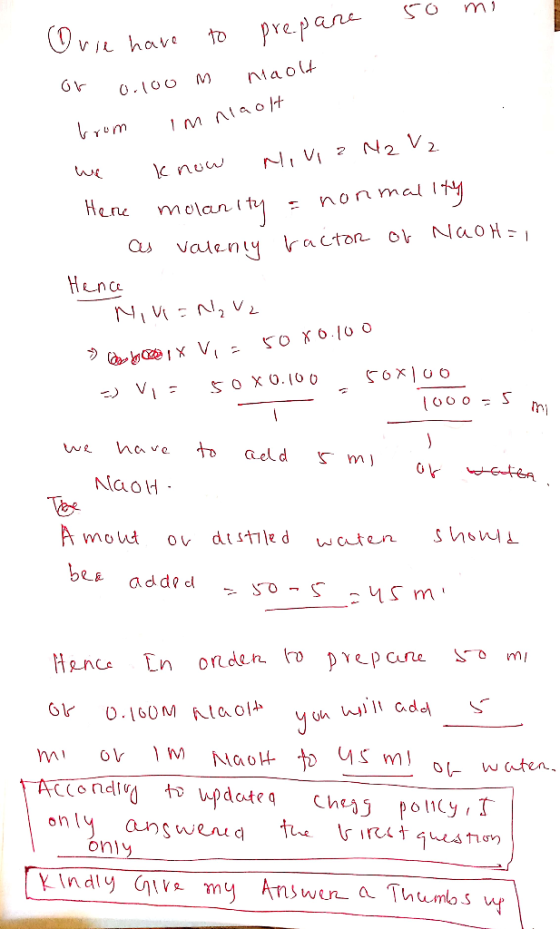 e co mi Ovie have to or 0.100 m prepare maolt brom im nia we know Nivia M2 V2 Here Molanity = normality as valency ractor or