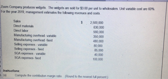 Zoom Company produces widgets. The widgets are sold for $3.00 per unit to wholesalers. Unit variable cost are 60%. For the ye