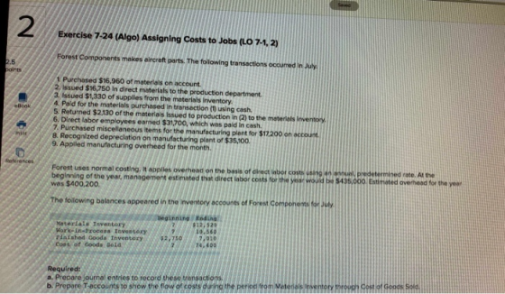 Exercise 7-24 (Algo) Assigning Costs to Jobs (LO 7-1, 2) Forest Components makes aircraft parts. The following transactions o